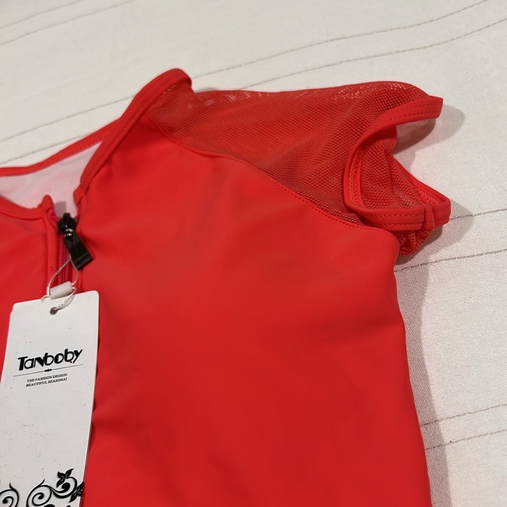 Coral/Pink Swimsuit One Piece Mesh Cap Sleeves Front Zipper Built In Bra - Picture 6 of 12